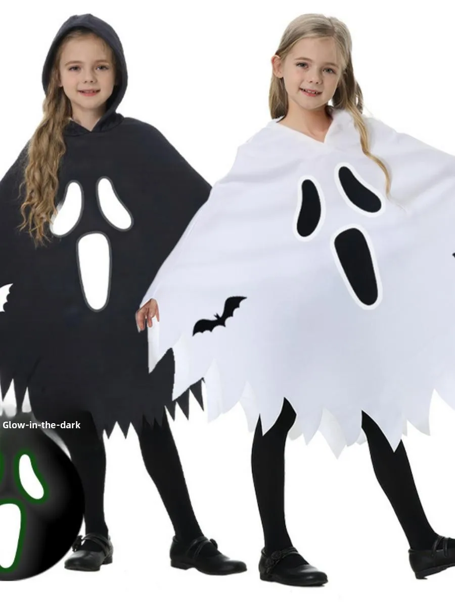 

Детский костюм на Хэллоуин, светящийся белый Screng, призрачное лицо, плащ со скелетом и призраком, халат для танцев, танцевальный костюм