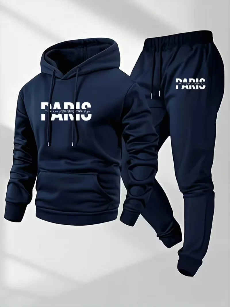 Men's Paris Trendy Cool Personalized Printed Hoodie & Sweatpants Set Casual Two-Piece Daily Wear Sporty Comfortable Fit