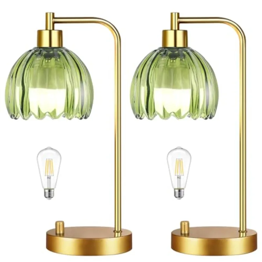 

Набор из 2 зеленых настольных ламп: маленькие стеклянные прикроватные светильники с регулируемой яркостью, в стиле бохо, для спальни, с абажуром в виде тюльпана, золотые, винтажные, середина века