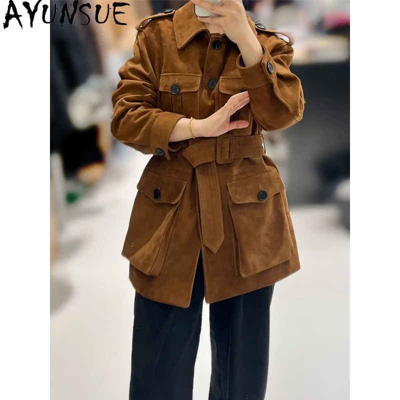 AYUNSUE Women's Mixed Goat Leather Coats Retro Fashion Suede Trench Coat Mid-length Real Leather Jacket Woman Clothes Ropa Mujer