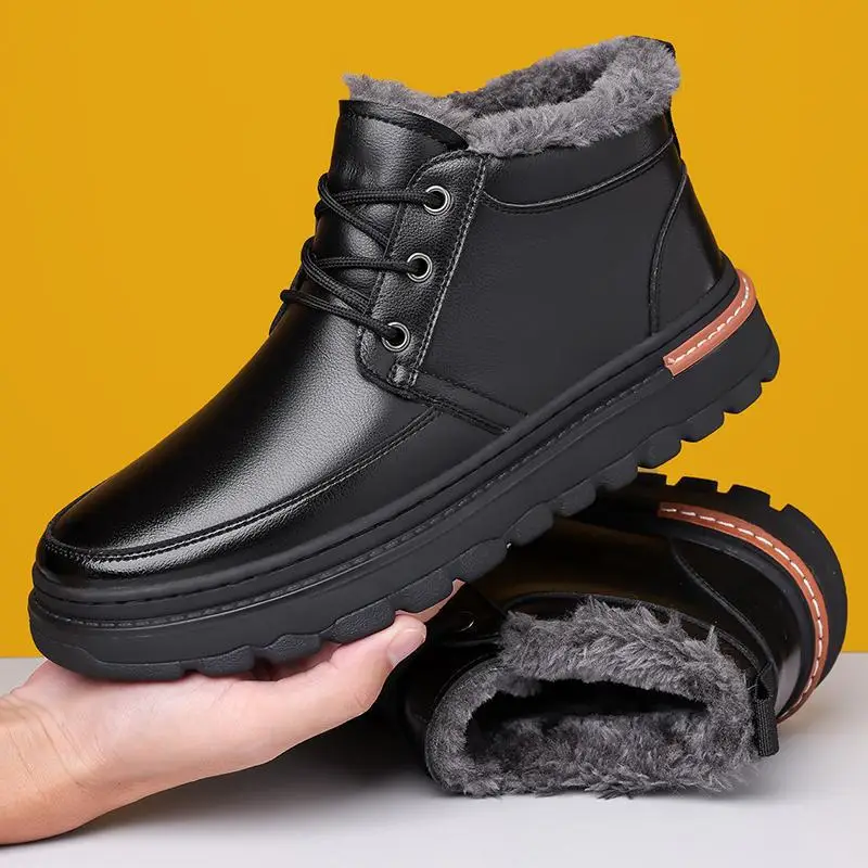 Cotton Shoes For Men 2025 Winter Soft Leather Plus Velvet Thickened Warm Snow Boots Fashionable Casual High-top Leather Shoes