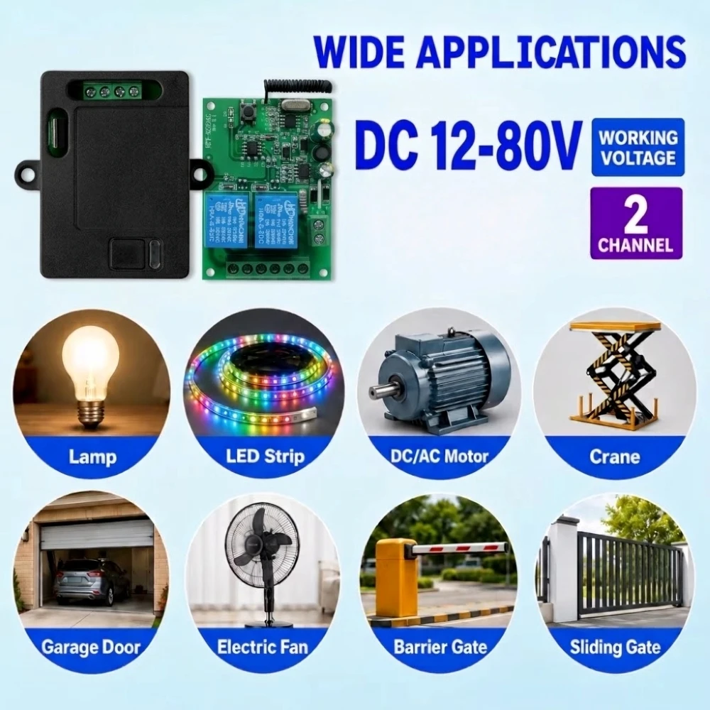 FUNNYSHIELD 433MHz Wireless Remote Control Switch DC 12V - 80V 2CH RF Receiver 100m Transmitter for Garage Door Motor Lamp DIY