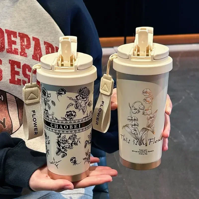 Woman Flower Coffee Mug 500ml 316 Stainless Steel Vacuum Flask Straw and Directly Drinking Insulated Tumbler Thermal Cup
