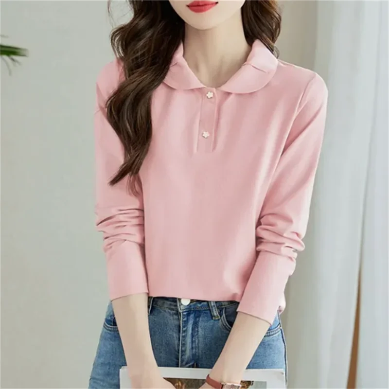 New Tees Tops Sweet Feminine T-shirts Long-sleeved Tops Doll collar Long Sleeve Autumn Casual Woman Tshirt Cotton Female Tshirts