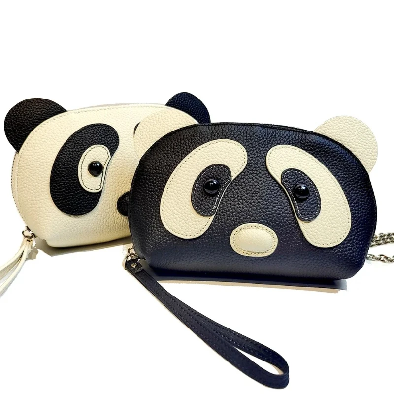 Genuine Cow Leather Ladies Cute Animal Clutch Wallet Chinese Giant Panda Purse Wallet Metal Chain Shoulder Strap Crossbody Bag
