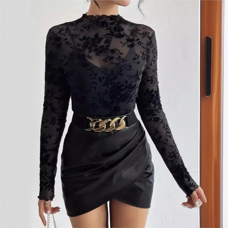 

Sexy T Shirt Single-layer Bras Stand-up Collar Tulle Base Women's T-shirt