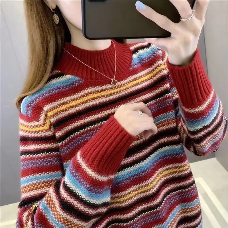 

New Fashion Vintage Stripe Pullover Sweater Women Clothing Female Winter Casual Warm Nice Sweater Woman OL Turtleneck Sweaters