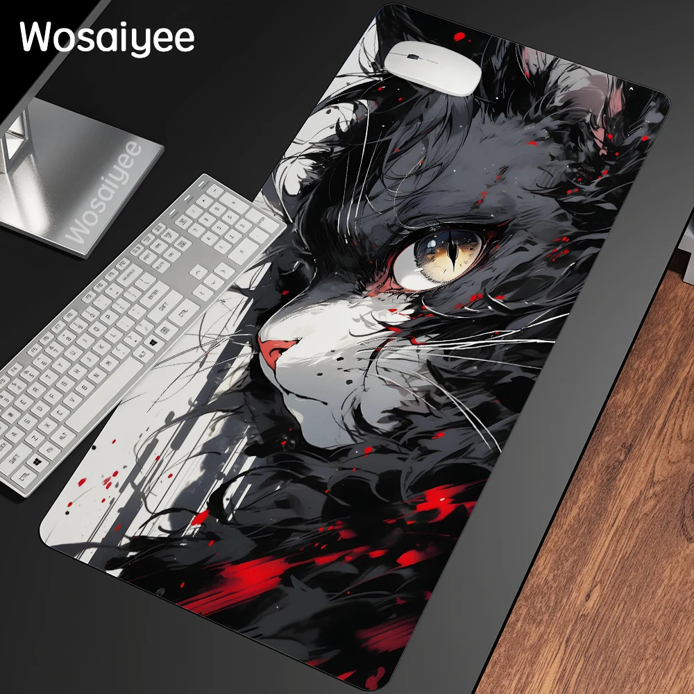 Black Cat Desk Mat Cute Mousepad Anime Aesthetic Mouse Pad XXL Gaming Deskmat 900x400 Coffee Beige Kawaii Manga Mice Mat Soft