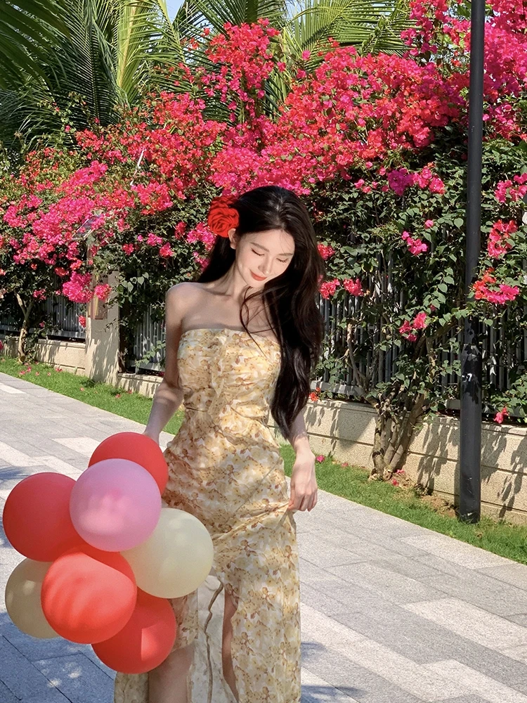 노란색 플로럴 프린트 롱 스커트 맥시 드레스 비치 바캉스 비치웨어 랩 체스트 디자인 원숄더 슬림 가운