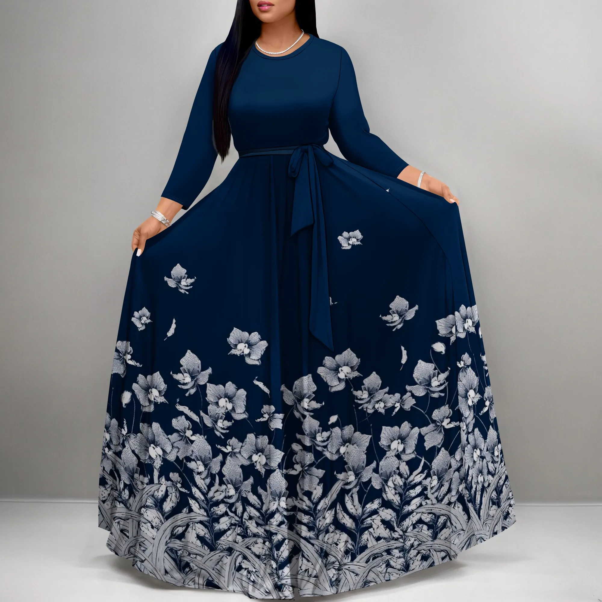 

Women's Grey Floral V-Neck Midi Dress with Belt and Pockets Polyester Three-Quarter Sleeve Casual Fall Elegant Chic