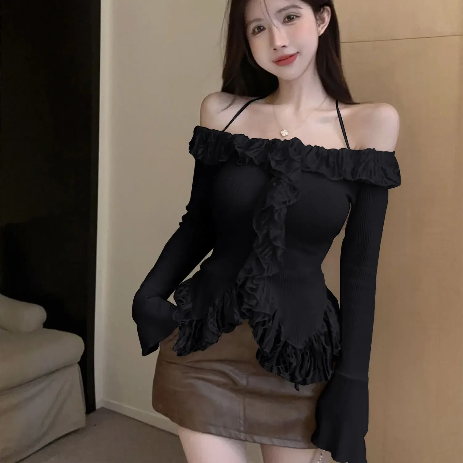 

One Shoulder Lotus Leaf Edge Lace Patchwork Base Shirt for Women to Look Slim Irregular Knitted Top E6456