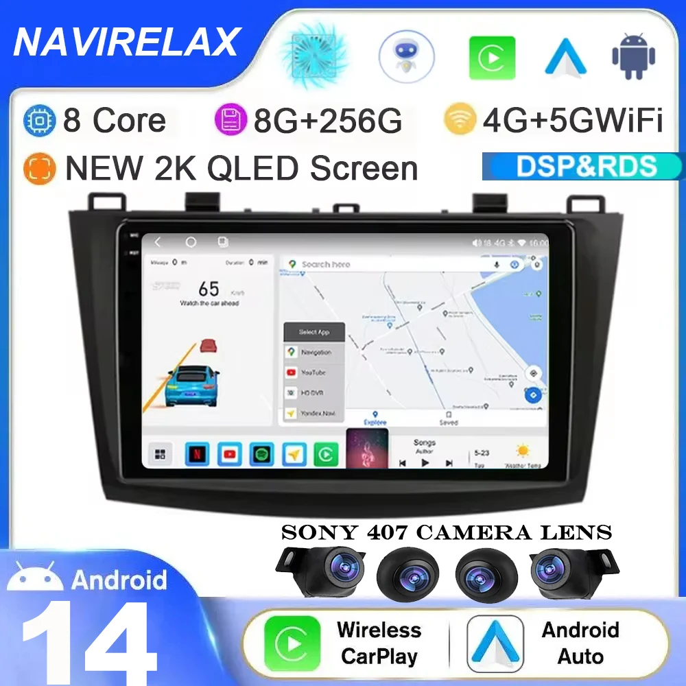 

9" Android 14 For Mazda 3 2009-2013 Car Radio Multimedia Player Stereo Navigation Carplay Speakers Head Unit Video Audio GPS