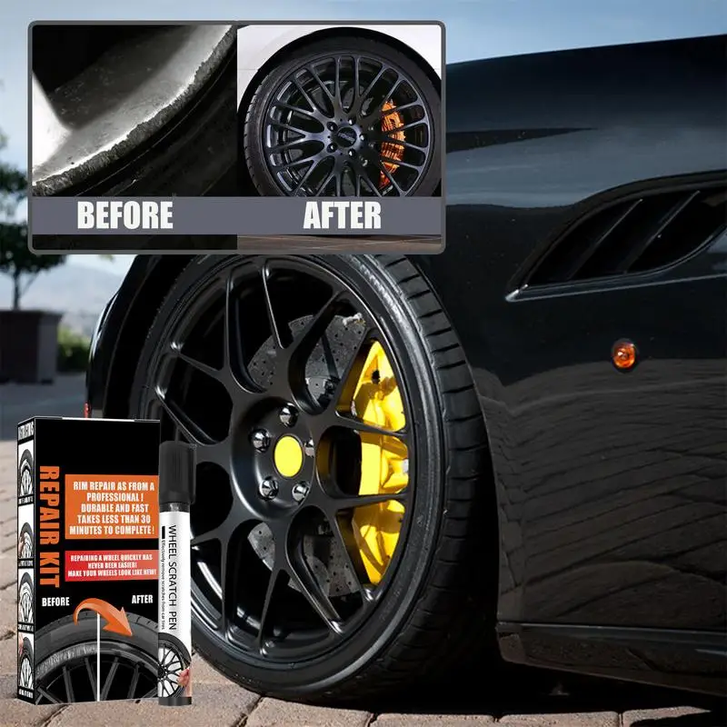 Kit de reparo de aro de roda automotivo, liga preta, conjunto de caneta de preenchimento de pintura, reparo de roda de carro, cobertura de secagem rápida para aro de pneu preto