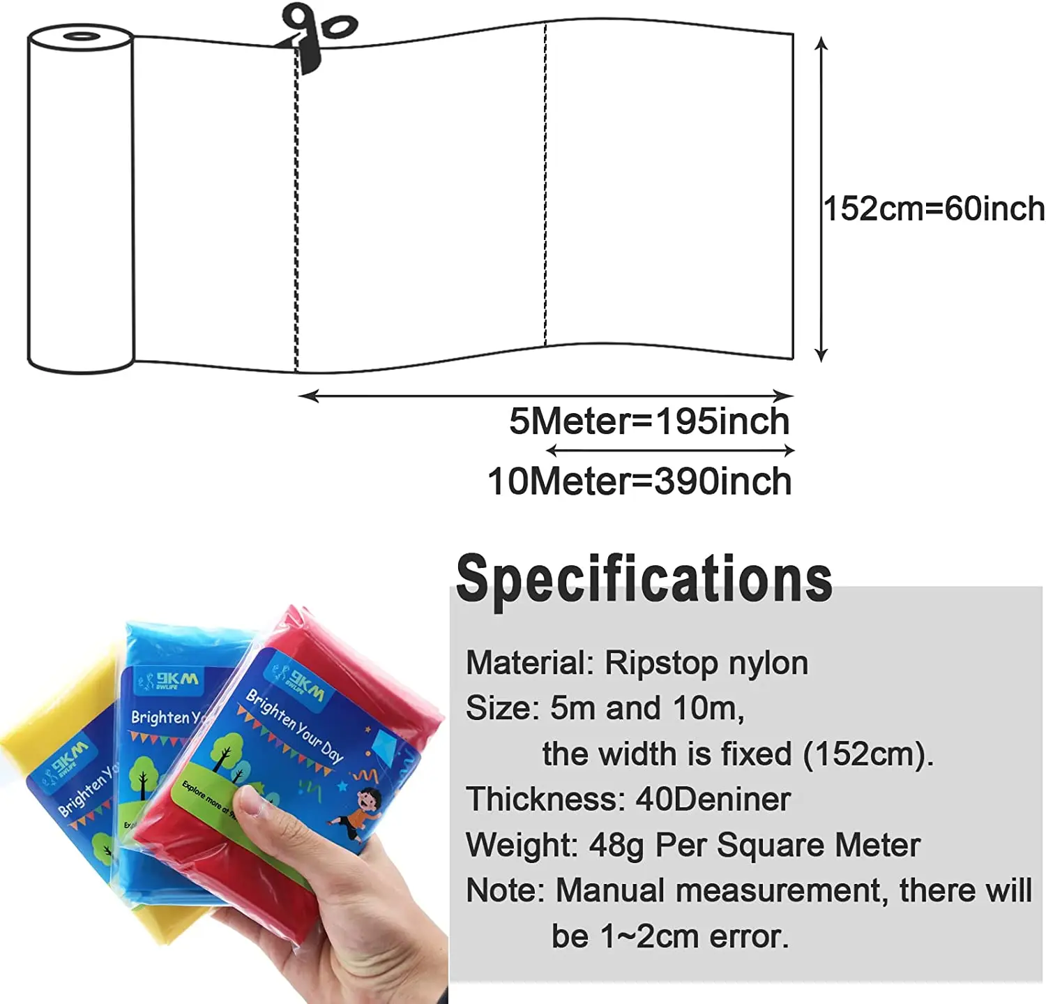 洗濯用防水ナイロン生地,軽量の凧とバッグ,日曜大工の素材,ライン,9km,5m,40d,thk 0.9mm, 48g/m ²