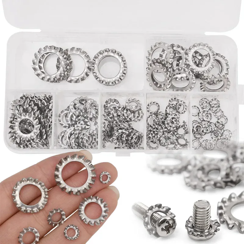 160 Pcs Assorted External Internal Serrated Lock Washers M3-M8 Stainless Steel 304 M10 M12 Hardware Set Multi-Tooth Lock Washers