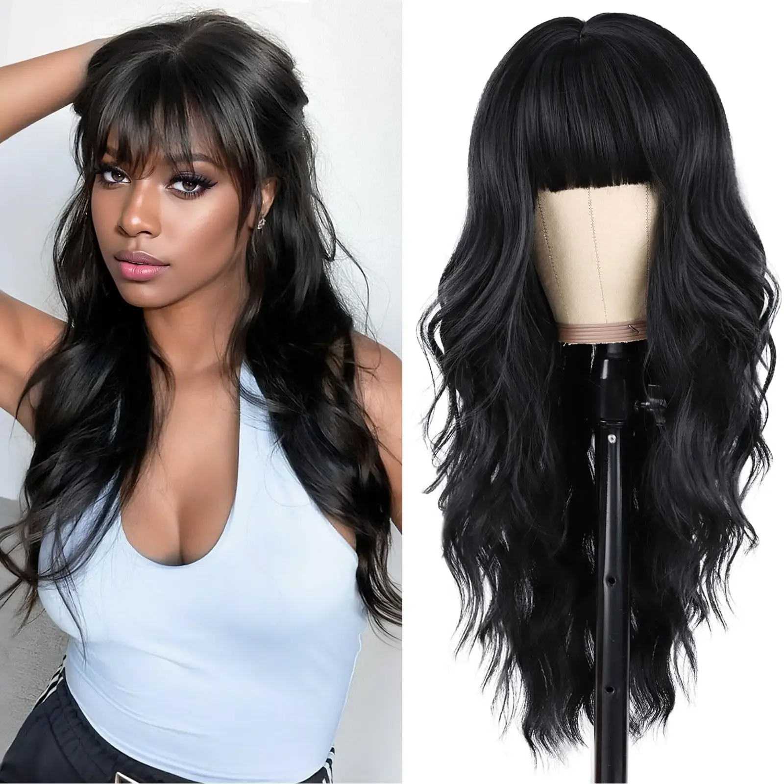 

New black synthetic curly wig for party, Halloween cosplay, daily use, high-temperature fiber wig set