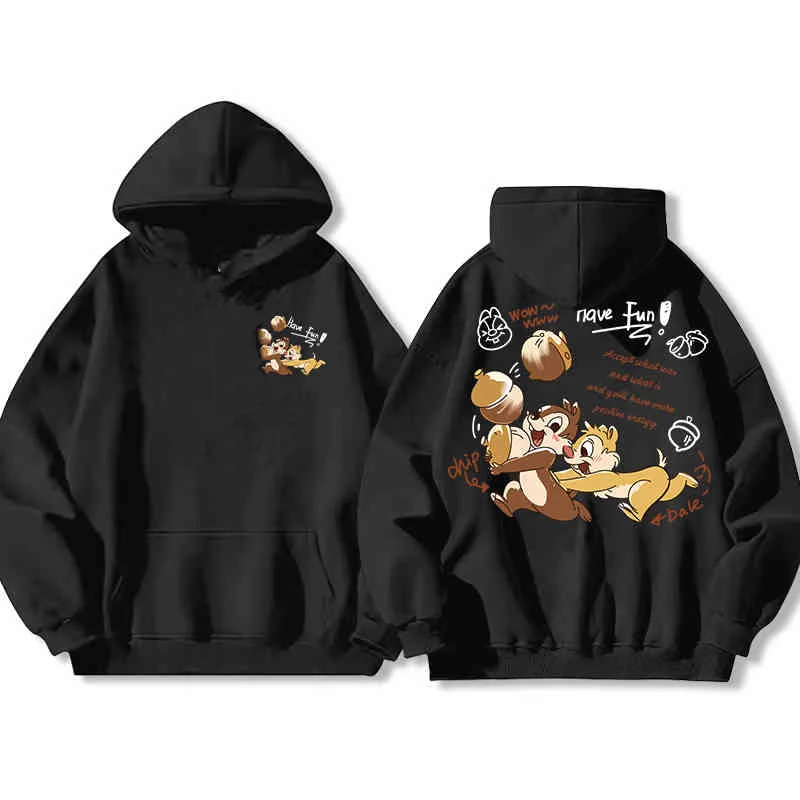 Disney Chip And Dale Sweatshirt Womens Hooded Autumn Cartoon Squirrel Print Pure Cotton Loose Coat Trendy Unisex Long Sleeve Top