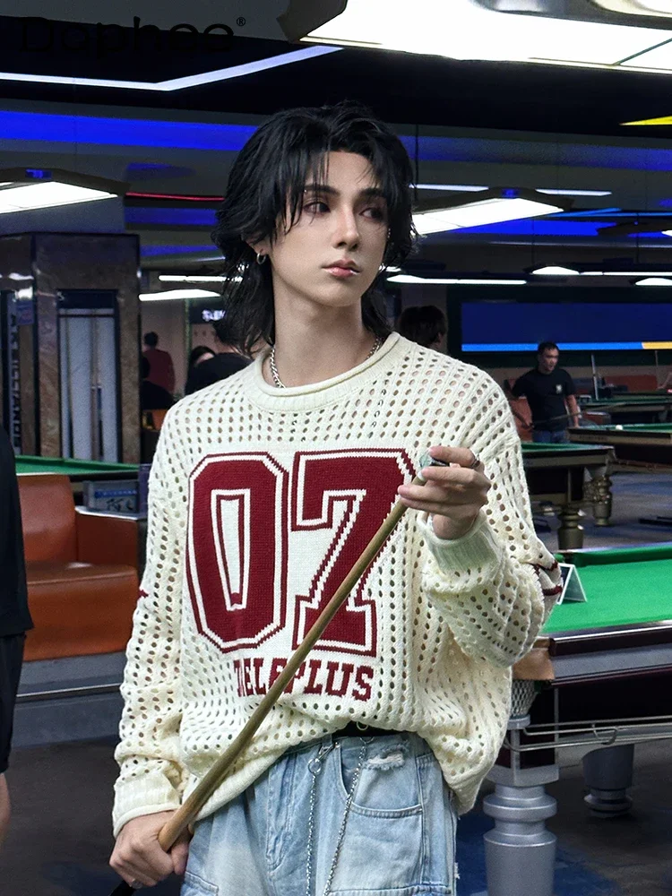 

Trendy Male Sweater Jackets Men's 2024 Autumn Winter New Contrast Color Pullovers Hollow Out Letter Loose Pullover Knitted Tops