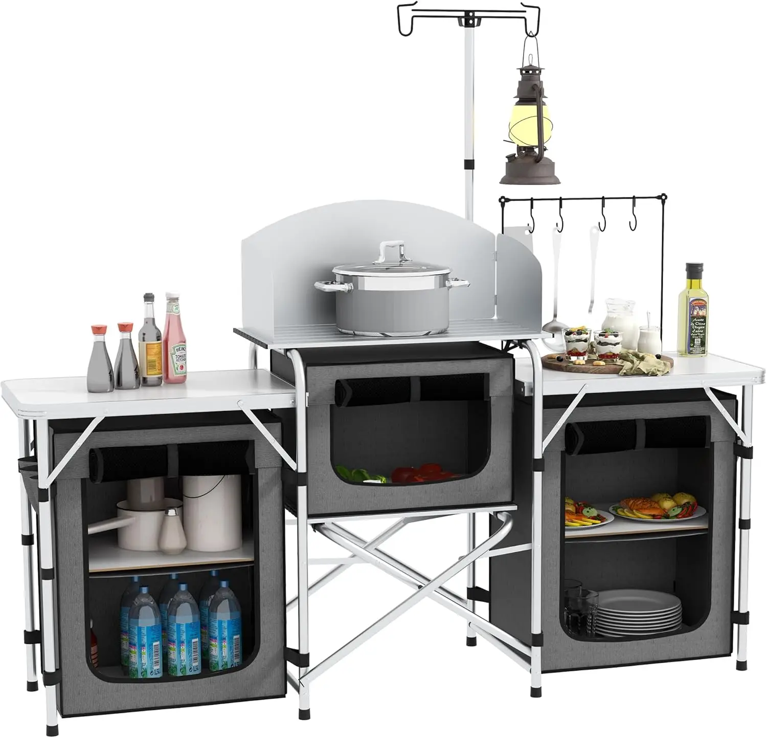 

Camping Kitchen Table, Portable Folding Camp Kitchen, Aluminum Cook Station with 3 Fabric Cupboards, Windshield, Carrying Bag