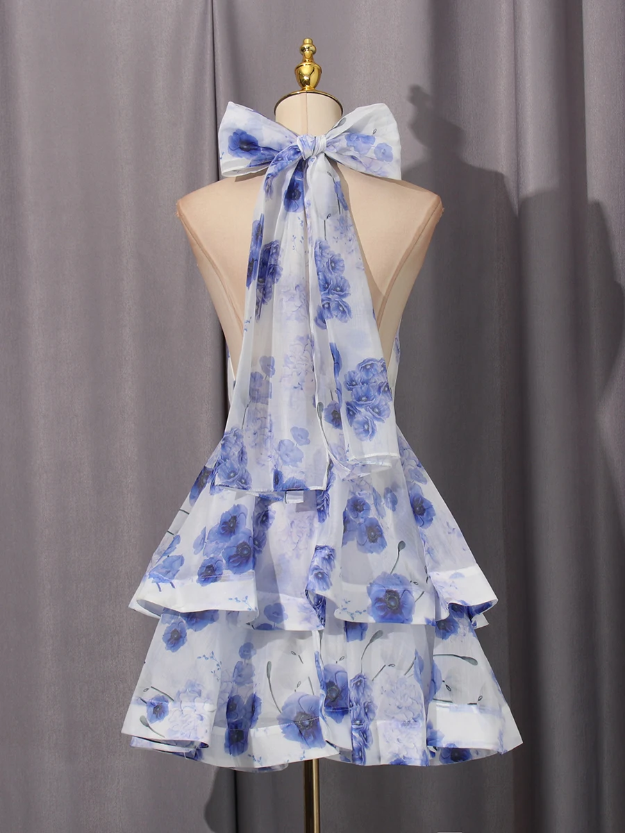 VGH Hotsweet Club Printing Mini Dress for Women Halter Sleeveless High Waist Spliced Ruffles Temperament Cake Dresses Female New