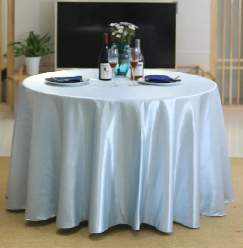 

Round Satin Tablecloth Baby blue Overlay Cover Bright Smooth Fabric Table Cloth For Wedding Party Restaurant Banquet Decoration