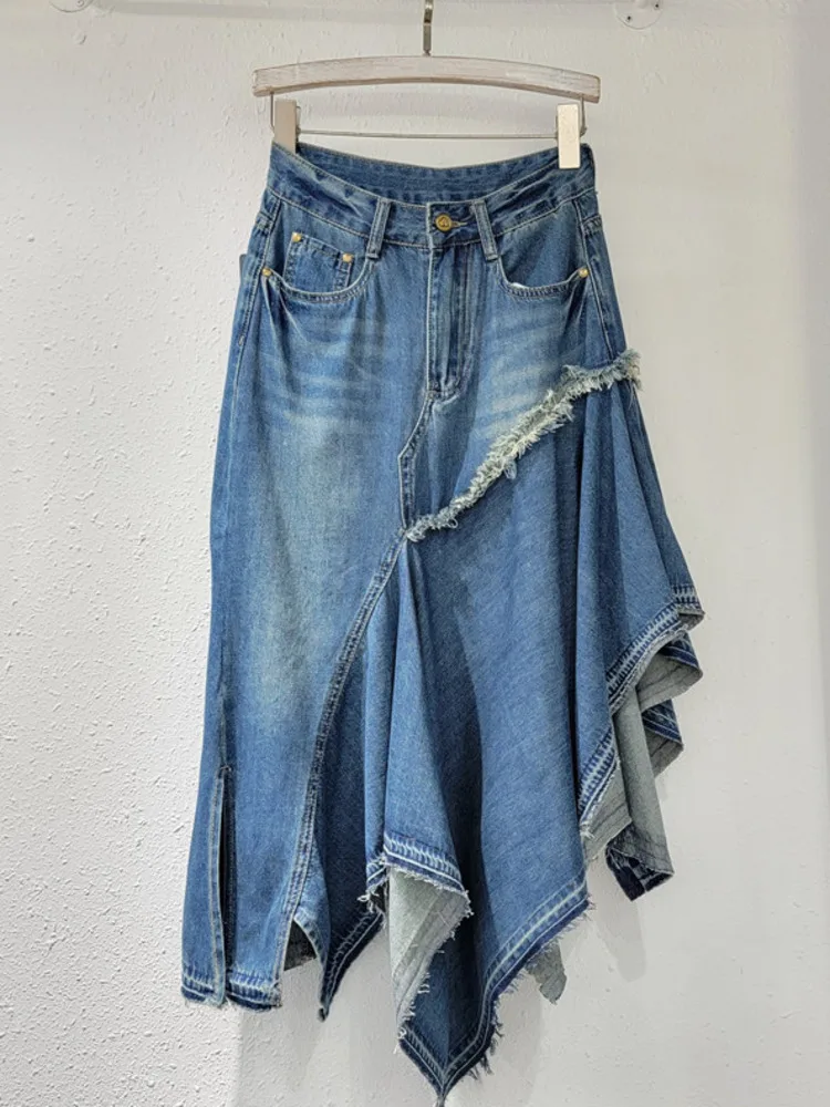 DEAT Women's Denim Skirt High Waist Patchwork Irregular Burrs Split Washed Female Blue Skirts 2025 Spring New Fashion 29L7315