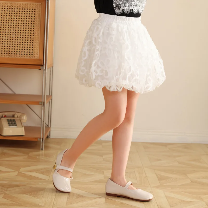 3D Floral Bubble Skort Kids Girls Stretch Waist Lace Applique Mini Skirt For Tea Party Playdate Spring Casual Portrait Bottom
