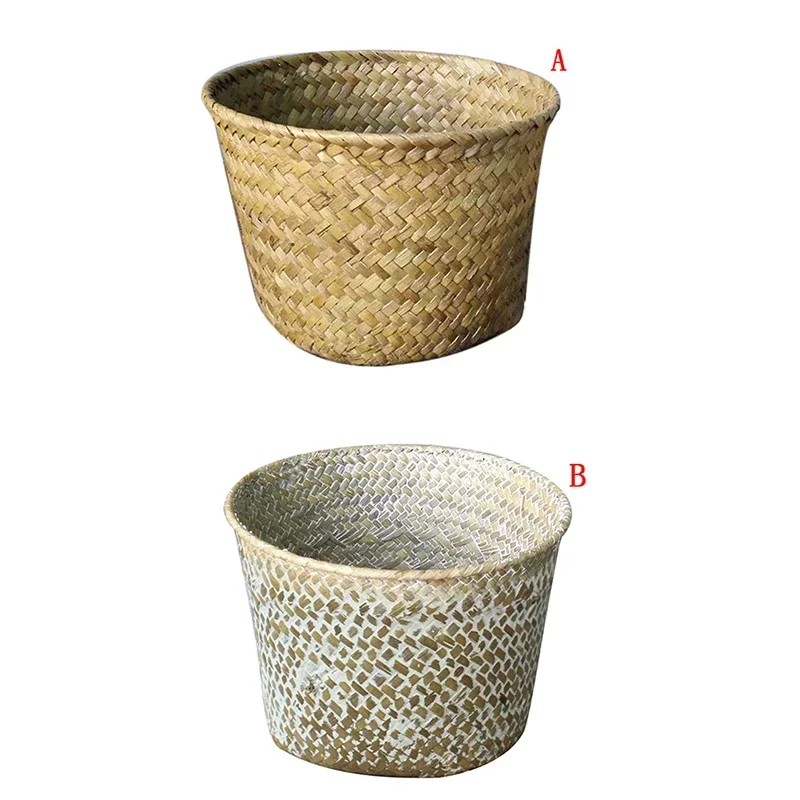 Handmade Bamboo Storage Baskets Laundry Straw Patchwork Wicker Pot Planter Basket Rattan Seagrass Belly Garden Flower Self