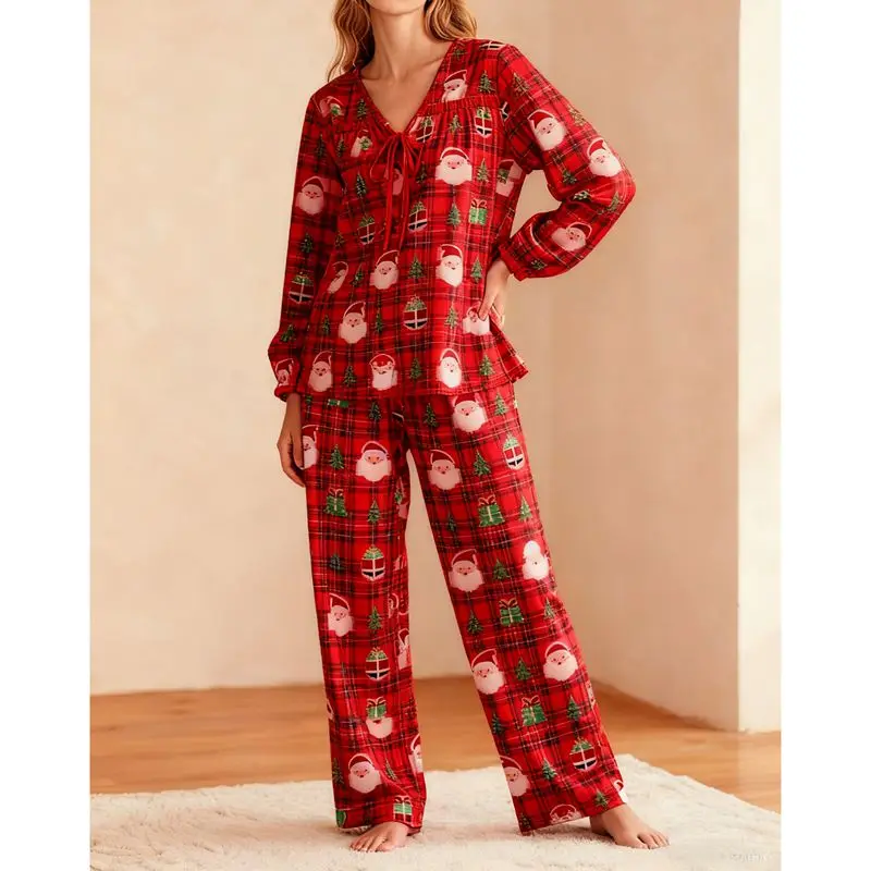 HEZIOWYUN Womens Christmas Pajamas Set Long Sleeve Lapel Button Up Santa Claus Tree Print Shirt and Pants 2Piece Loungewear Suit