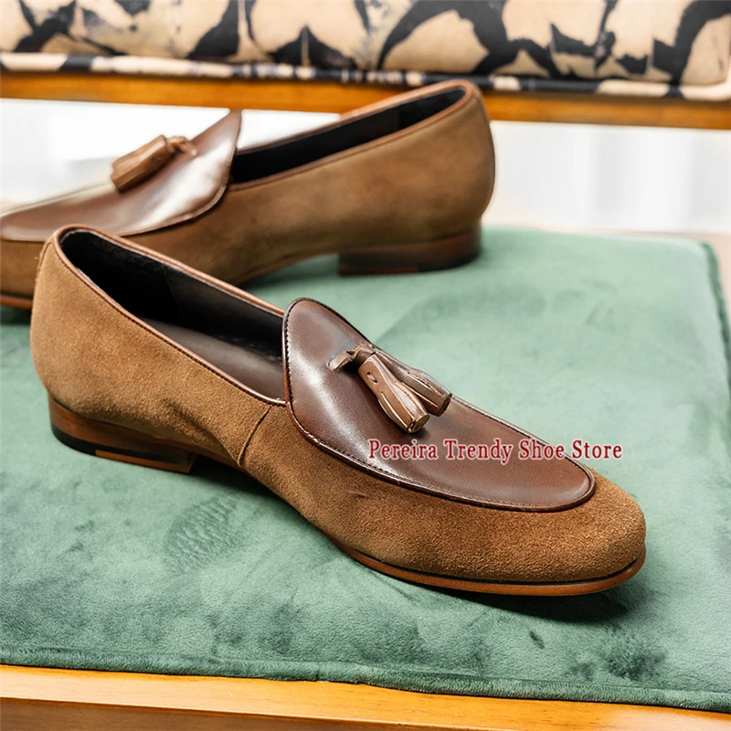 Men's Tassel Cowhide Loafers Summer Trendy Suede Pointed Toe Business Casual Shoes British Style Party Banquet Wedding Shoes