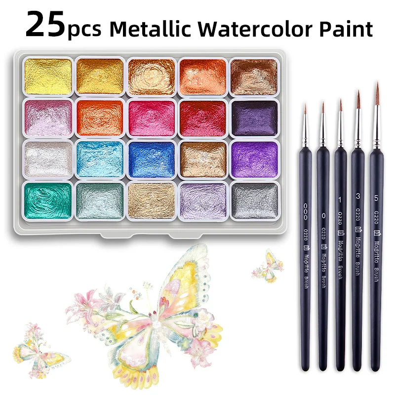 

Набор из 20 популярных цветов металлических акварельных красок с 5 кистями для детализации в стиле Дуньхуан, мини-набор для путешествий с мерцающими красками