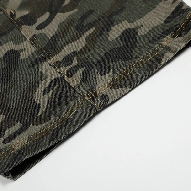 【Mirrordust】Camuflagem cimitarra exército verde calças dos homens emendados retro high street solto perna larga denim calças ao ar livre homem