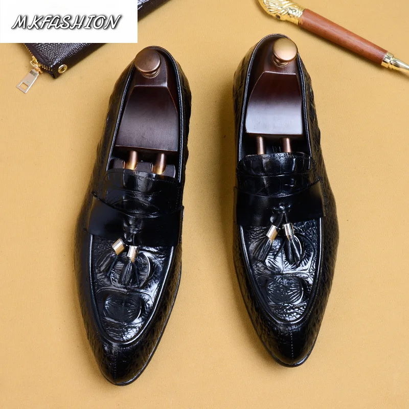 Men's British Business Casual Leather Shoes Crocodile Pattern Tassel Slip on Flats Male Footwear