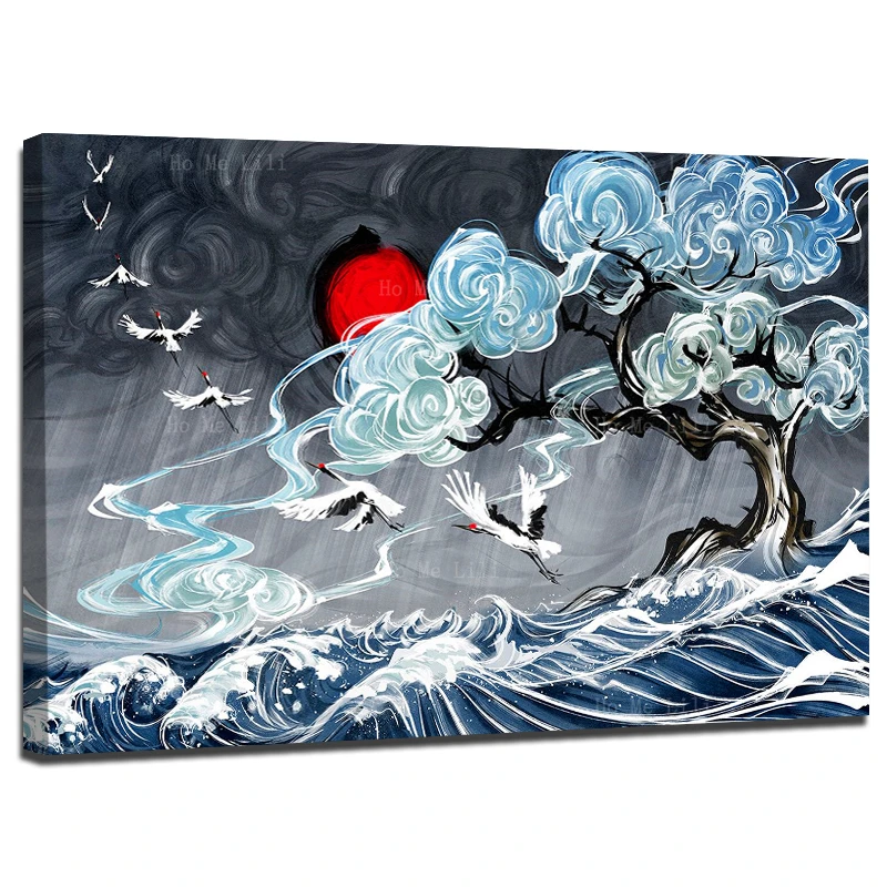 Retro Japanese Style Landscape Water Clouds Waves Crane Red Sun Canvas Wall Art By Ho Me Lili For Livingroom Home Decor