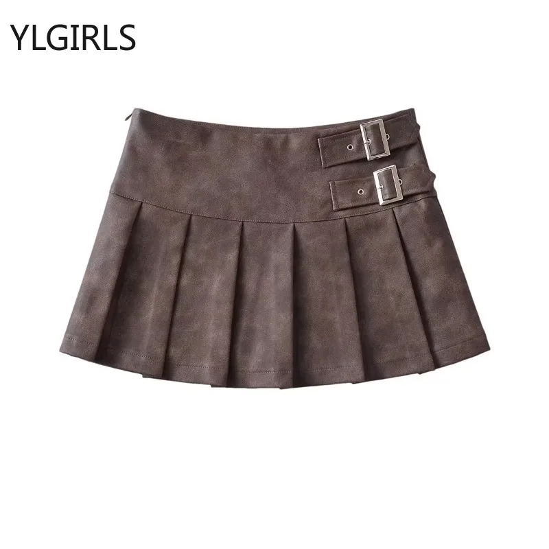 

Vintage Korean Retro High Street Pu Leather Low Waist Pleated Short Skirt Streetwear Fashion Skirt