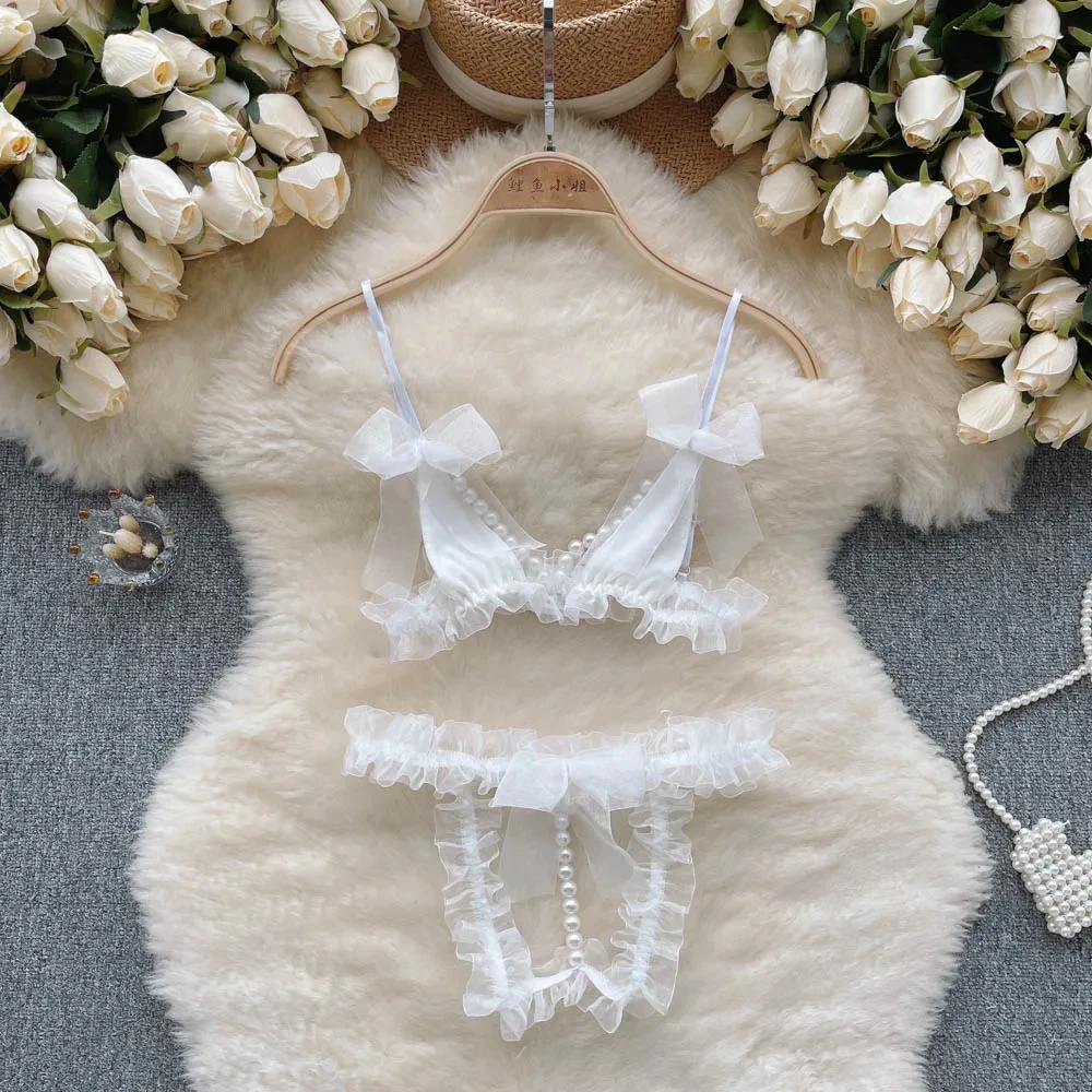 Ladies' Sexy Sweet Cutout Butterfly Knot with Beaded Trim Pearl Mesh Ribbon Underwear Suits Top + women Pants 2-Piece Set