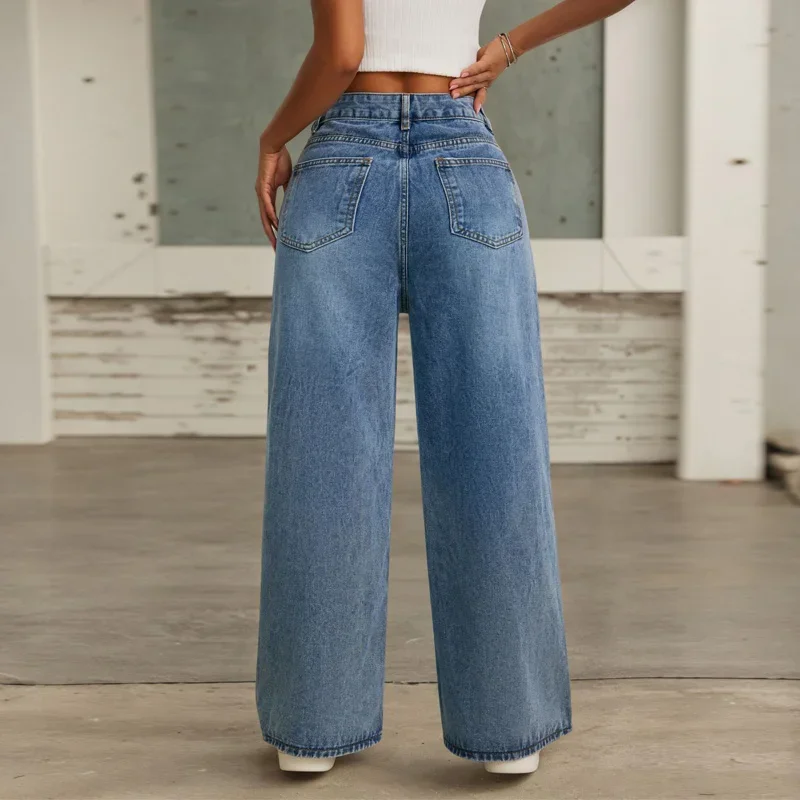 Jeans Manik-manik Longgar Pinggang Tinggi Celana Baggy Kasual Cocok Pakaian Jalanan Wanita Celana Panjang Kaki Lebar Serut Wanita