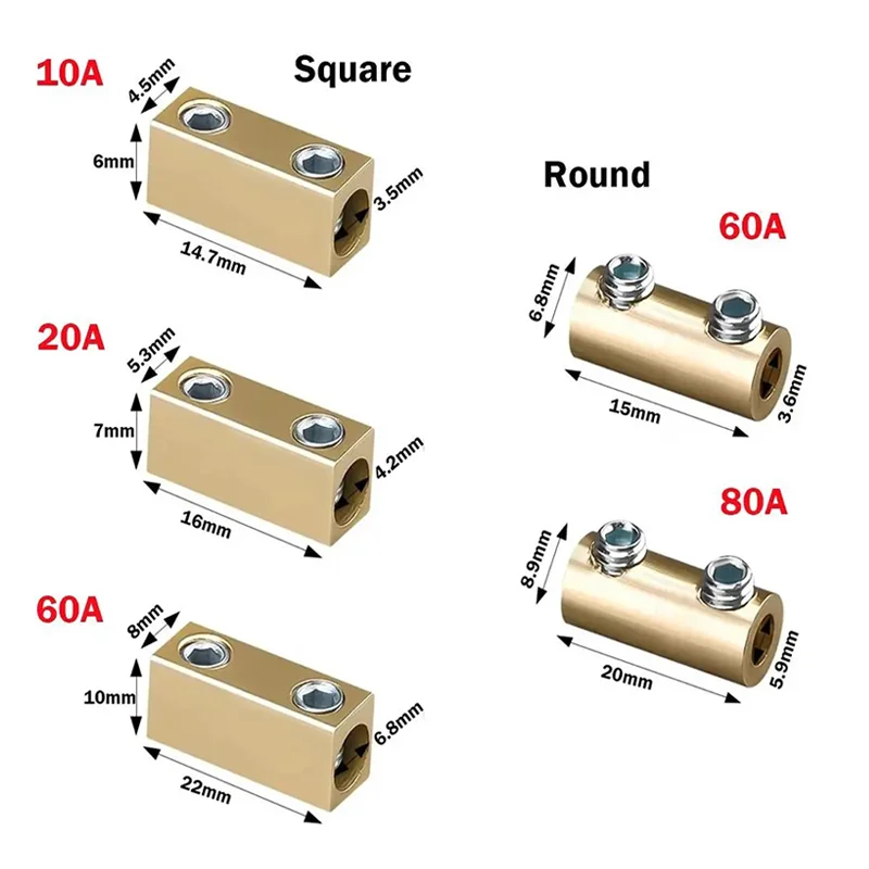 10/20/60/80A Brass Terminal Block with Heat Shrink Tubing, High Power Splitter 1 In 1 Out Waterproof High Current connector