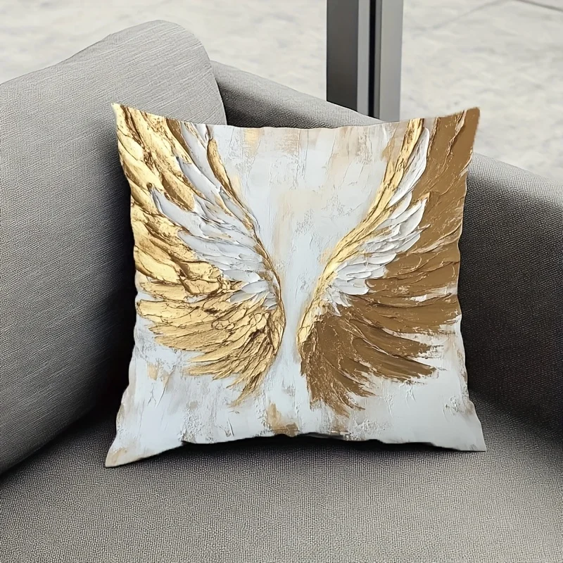 1 Elegant Angel Wing Abstract Art Pillowcase, 18X18 Inches - Gold White, Zippered, Machine Washable Polyester Fiber, Perfect For
