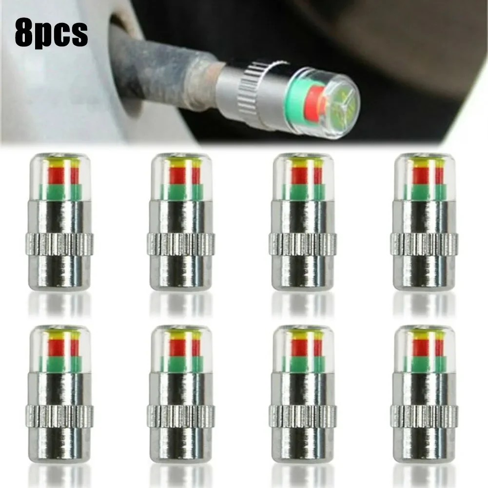 

Tire Pressure Indicator Valve Monitor Motorcycle Silver W/Sensor Indicator 3 Color For 32PSI(2.2Bar) 8Pcs Cap Car