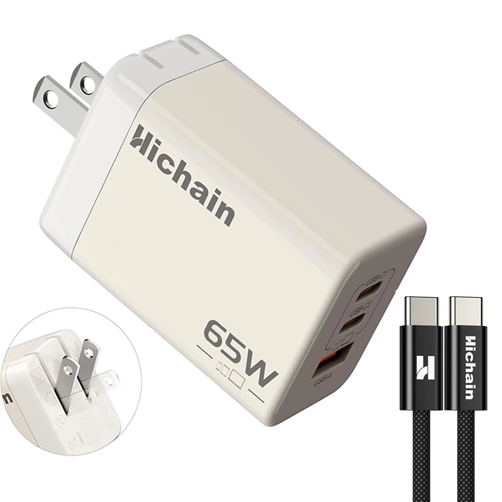 Hichain 3in1 GaN 65W Wall Chargers For Smartphones Portable USB C Charger  Multiple Ports For  iPhone 17 For Samsung For Xiaomi