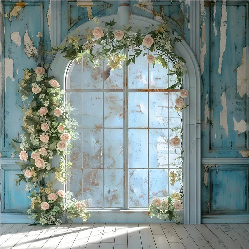 Mehofond 사진 배경 꽃 창 소녀 생일 파티, 출산 초상화, 웨딩 꽃 블루 벽 배경 포토콜