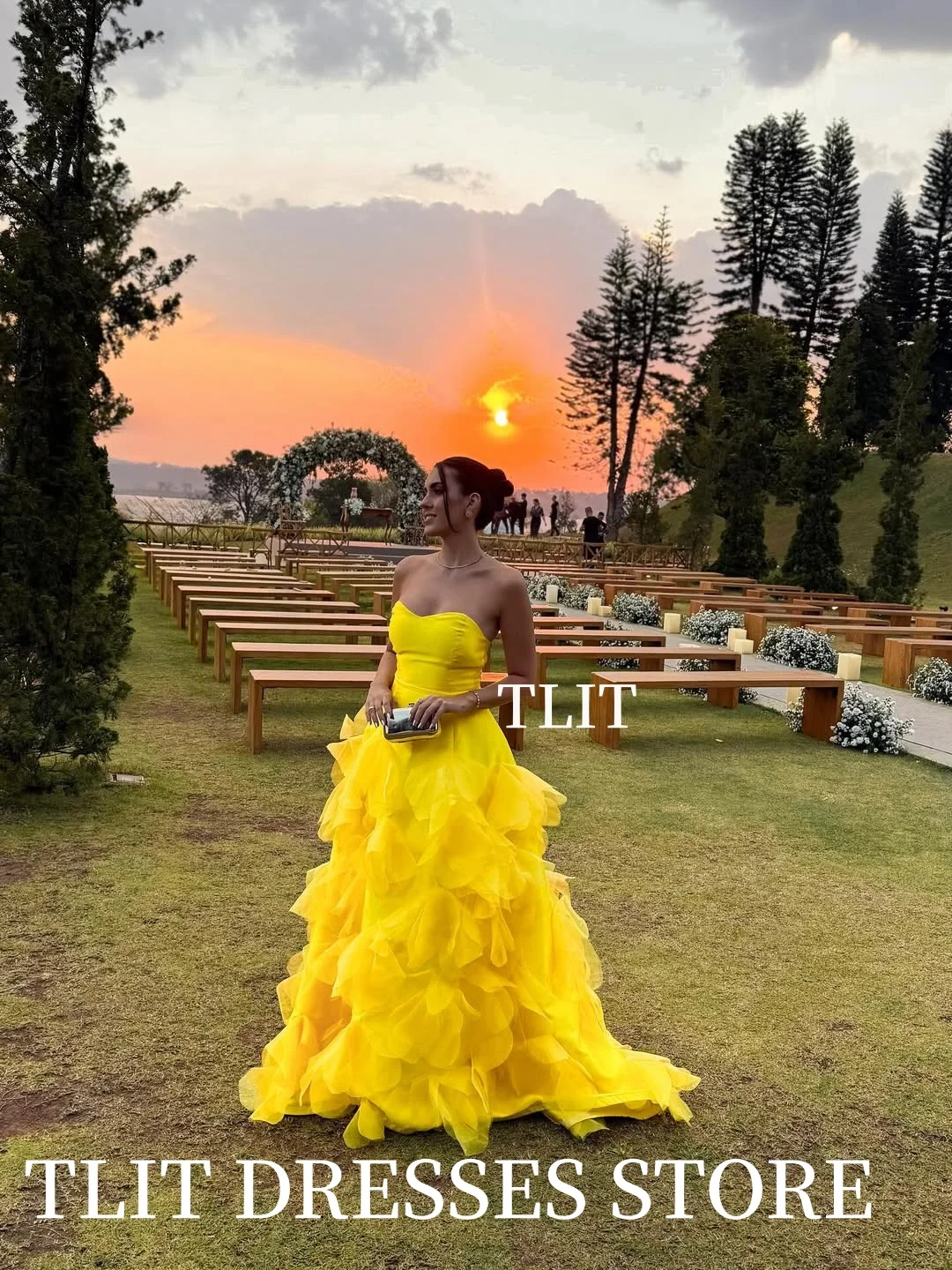 TLIT elegante amarillo claro A-Line vestido de noche de satén de seda cariño vestidos de graduación flores CorDresses personalizado فسات