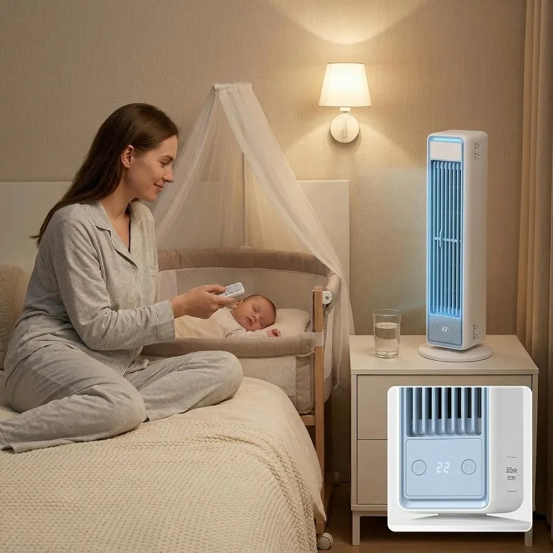 Tower Fan Strong Wind Cooling 3600mAh Bladeless Portable Air Conditioner with Remote Control Quiet 5 Speeds for Home Office Room