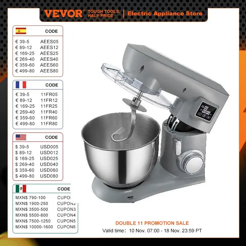 

Электрический миксер для теста VEVOR, 450 Вт, 6 скоростей, ЖК-экран