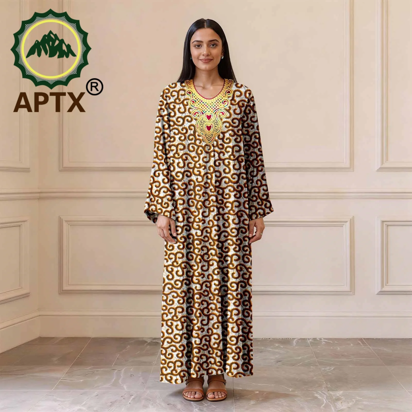 African Ankara Print Women Long Kaftan Dress All Over Golden Pattern Embroidery Neck Loose Fit Casual Party Dashiki Robe 2622002