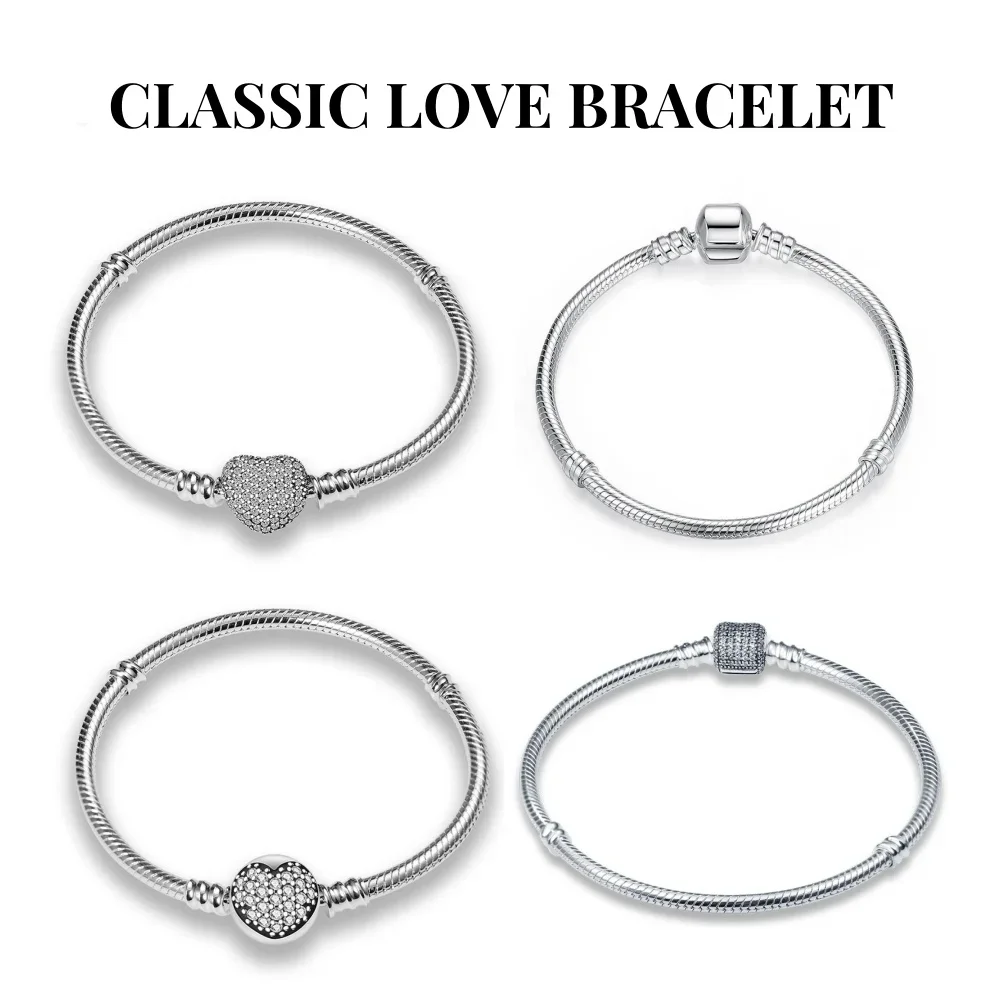 Classic 925 Sterling Silver Sparkling Zircon Heart-Shaped  Bracelet  Fit DIY Charms Beads Fashion Anniversary Party Jewelry Gift