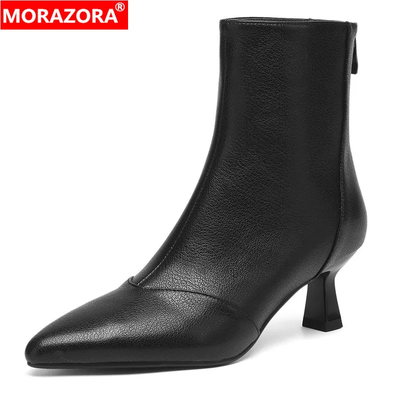 

MORAZORA 2026 New Genuine Leather Ankle Boots Pointed Toe Stiletto High Heels Autumn Winter Ladies Office Dress Shoes