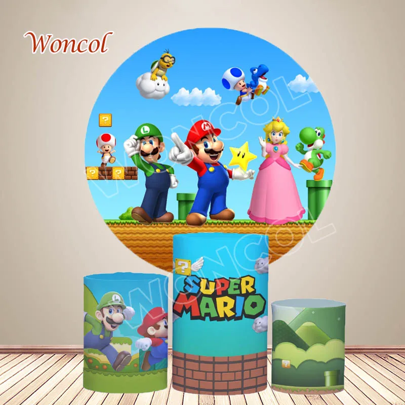 

Super Mario Round Cover Princess Peach Background Super Mario Mario Luigi Cylinder Cover Boy Birthday Decor Photocall Prop