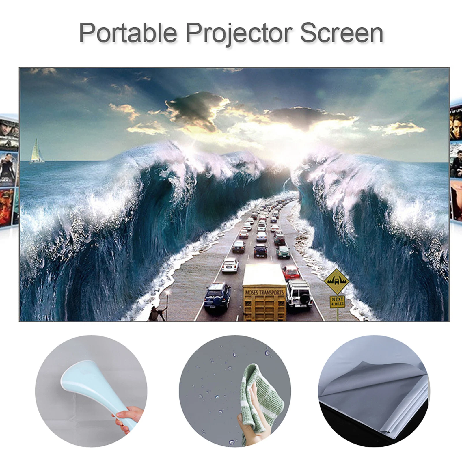 80-inch Portable Projector Screen HD 16:9 Frameless Video Projection Screen Foldable Wall Mounted for Home Office Movies